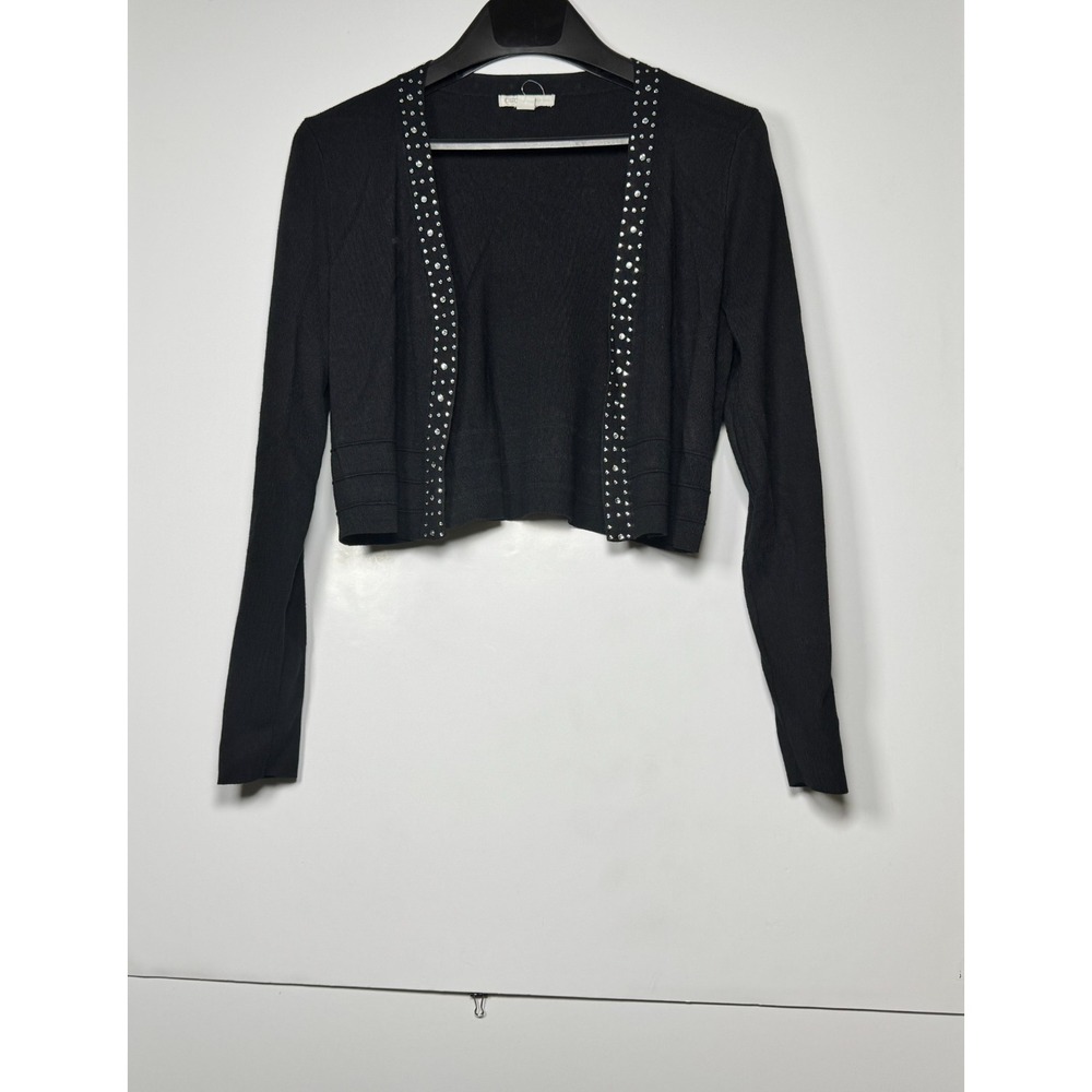 Cato Cardigan Sweater Womens L Black Cropped Tight Knit Rhinestone Warm Winter